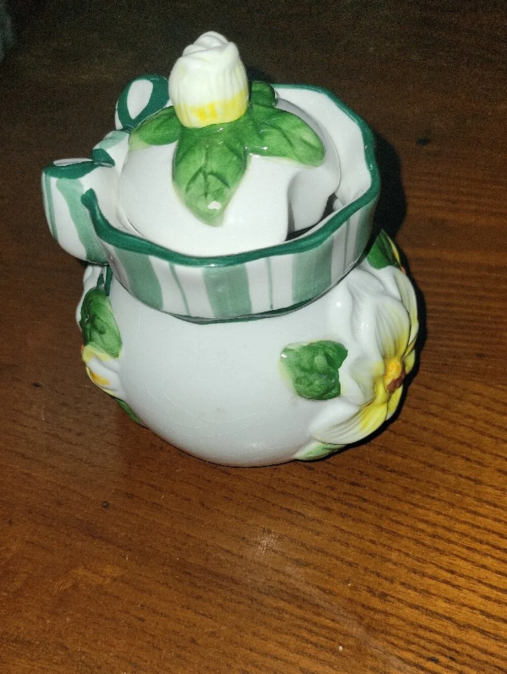 Young's Exclusive Sugar Or Jam Jar White Ceramic Floral  with Green Bow